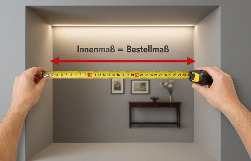 Innenmaß gleich Bestellmaß: Maßband zeigt die lichte Weite eines Schrankfachs