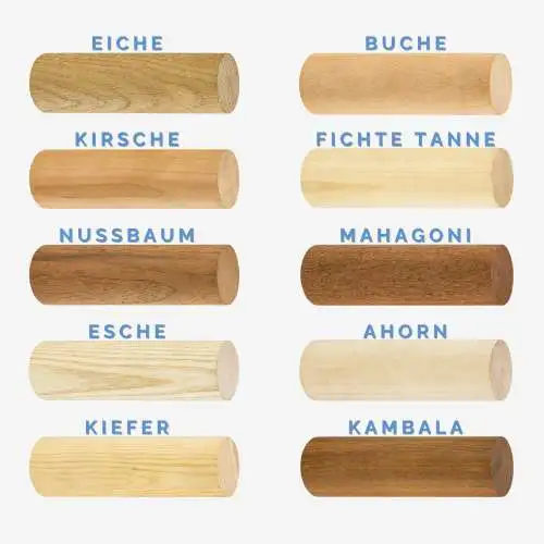 Beispiele für verfügbare Holzarten: Eiche, Kirsche, Nussbaum, Esche, Kiefer, Buche, Fichte/Tanne, Mahagoni, Ahorn, Kambala.