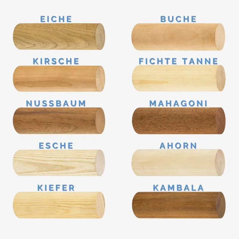 Beispiele für verfügbare Holzarten: Eiche, Kirsche, Nussbaum, Esche, Kiefer, Buche, Fichte/Tanne, Mahagoni, Ahorn, Kambala.