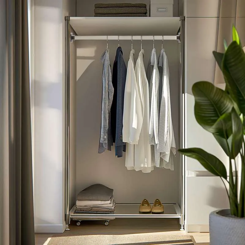 Edelstahl-Garderobenstange aus Vierkantrohr mit Wandflansch, montiert in einem stilvollen Kleiderschrank mit aufgehängter Kleidung Edelstahl-Garderobenstange aus Vierkantrohr mit Wandflansch, montiert in einem stilvollen Kleiderschrank mit aufgehängter Kleidung