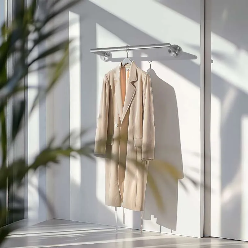 Maßgefertigte Edelstahl-U-förmige Garderobenstange von Steel-Deal, montiert in einem stilvollen Raum mit Kleidung, die daran hängt