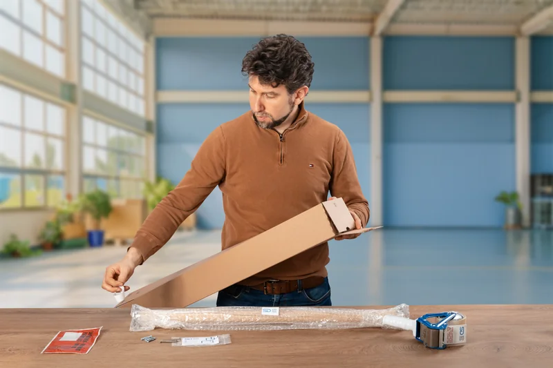 Ein Mann verpackt eine in Luftpolsterfolie gewickelte Holzstange in einen langen Versandkarton, daneben Schrauben und Dübel im eigenen Beutel, eine Lieferscheintasche und ein Klebebandabroller